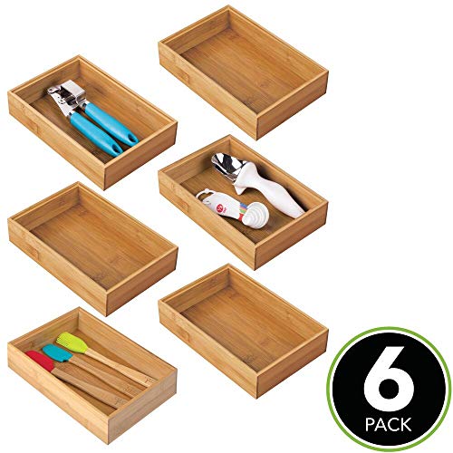 mDesign Juego de 6 cajas organizadoras para la cocina – Caja rectangular grande de bambú – Organizador de madera apilable para guardar cubiertos y utensilios de cocina – color natural