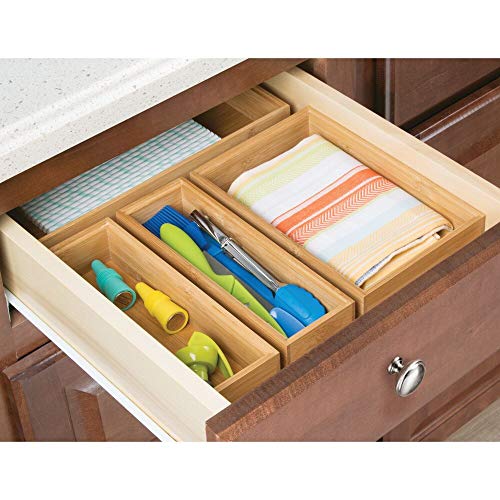 mDesign Juego de 6 cajas organizadoras para la cocina – Caja rectangular grande de bambú – Organizador de madera apilable para guardar cubiertos y utensilios de cocina – color natural