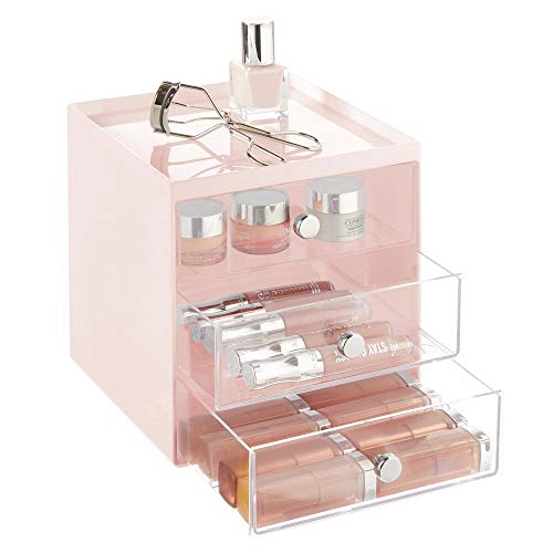 mDesign Organizador de maquillaje – Caja de almacenamiento apilable con 3 cajones para rímel, polvos, pintaúñas, etc. – Organizador de cosméticos para baño, tocador o despacho – rosa y transparente