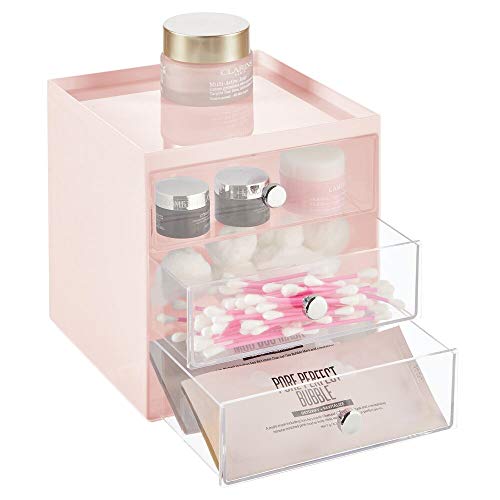 mDesign Organizador de maquillaje – Caja de almacenamiento apilable con 3 cajones para rímel, polvos, pintaúñas, etc. – Organizador de cosméticos para baño, tocador o despacho – rosa y transparente