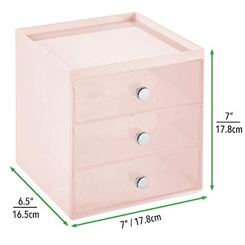 mDesign Organizador de maquillaje – Caja de almacenamiento apilable con 3 cajones para rímel, polvos, pintaúñas, etc. – Organizador de cosméticos para baño, tocador o despacho – rosa y transparente