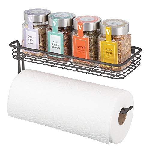 mDesign Portarrollos de papel de cocina de pared con especiero – Moderno organizador para cocina de metal inoxidable – Práctico soporte para papel de cocina – color bronce