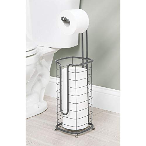 mDesign Portarrollos para baño sin taladro – Portarrollos de pie autónomo – Soporte para papel higiénico inoxidable con capacidad para cuatro rollos – gris oscuro