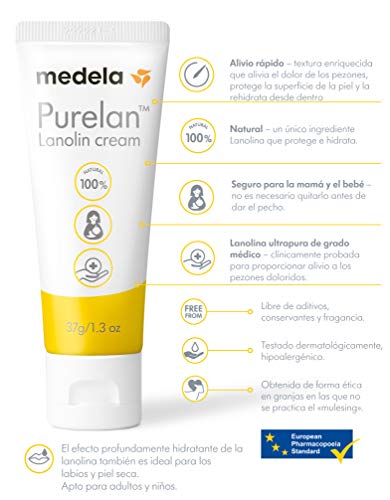 Medela Purelan crema 100% lanolina, natural y segura para la madre y el bebé sin sabor ni fragancia.Alivio rápido de los pezones doloridos y la piel seca (labios, talones, codo, culito de bebé…)