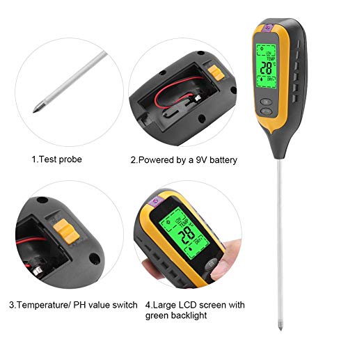 Medidor De Humedad De PH Del Suelo 4 en 1 4 en 1 LCD Temperatura De Humedad Probador De Luz Solar Herramienta Jardín De Humedad Del Suelo Monitor De Humedad Detector De Humedad Para Plantas