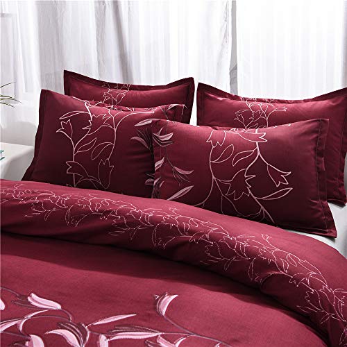 Meet Juego De Funda Nórdica Juego De Ropa De Cama Impresión De Tinta De Color Liso, Funda De Edredón Suave De Microfibra con Cremallera Oculta ((220x 240cm)-Cama de 150/160,Vino Tinto)