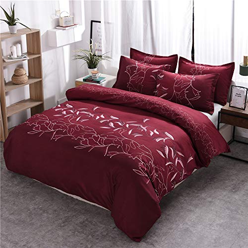 Meet Juego De Funda Nórdica Juego De Ropa De Cama Impresión De Tinta De Color Liso, Funda De Edredón Suave De Microfibra con Cremallera Oculta ((220x 240cm)-Cama de 150/160,Vino Tinto)