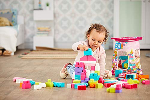 Mega Bloks Juego de construcciones 80 piezas con bolsa ecológica rosa, juguete bebé +1 año (Mattel DCH62)