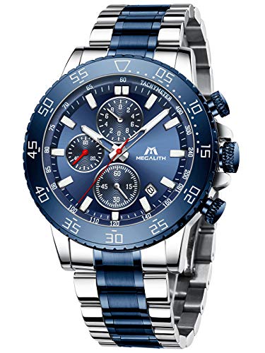 MEGALITH Relojes Hombre Reloj Cronografo Grande Elegante Azul Acero Inoxidable Impermeable Relojes de Pulsera Analogicos Luminosos Fecha