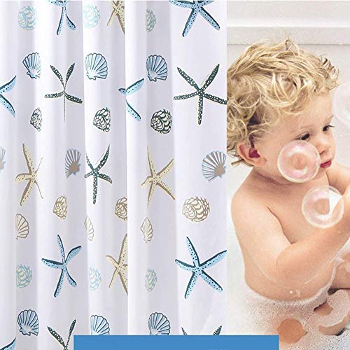 Meiosuns Cortina de baño Peva Blanco, Impermeable y Resistente al Moho, Cortinas de baño, Accesorios para el hogar con Arandelas (180×180cm, Estrellas de mar y Conchas Marinas)