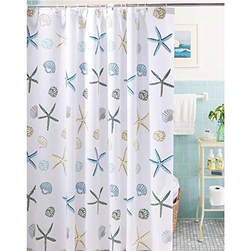 Meiosuns Cortina de baño Peva Blanco, Impermeable y Resistente al Moho, Cortinas de baño, Accesorios para el hogar con Arandelas (180×180cm, Estrellas de mar y Conchas Marinas)