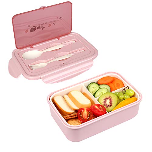 MEIXI Fiambrera Infantil Caja de Bento con 3 Compartimentos y Cubiertos Fiambreras Caja de Alimentos Ideal para Almuerzo y Bocadillos para Niños y Adultos (Rosado)