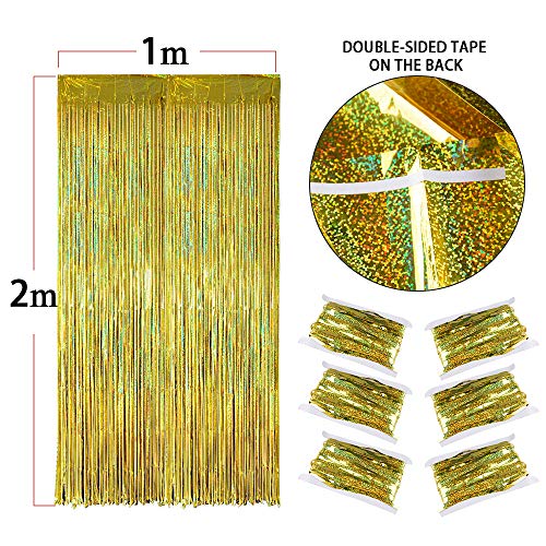 MEJOSER 6pcs 2mx1m Cortinas Brillantes Metálicas Fiesta Dorado Cortinas Oropel Decorativa Flecos Photocall Boda Navidad Cumpleaños Pared Ventana Hogar Hotel