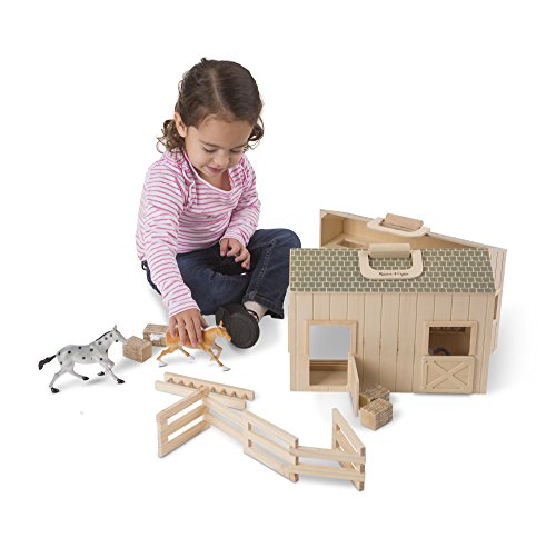 Melissa & Doug- Fold & Go Stable Muñecos cabezones, Color marrón, Madera (13704)