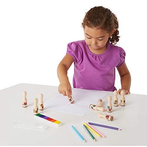 Melissa & Doug- Wooden Stamp Set Deluxe Happy Handles Juego de Sellos de Madera, Multicolor (2306)