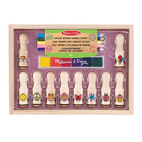 Melissa & Doug- Wooden Stamp Set Deluxe Happy Handles Juego de Sellos de Madera, Multicolor (2306)