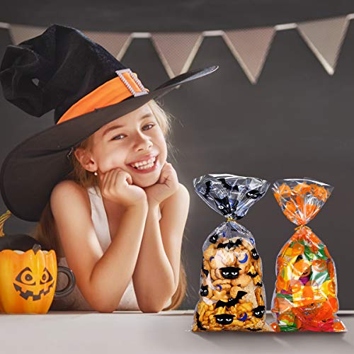 MELLIEX 100 Piezas Bolsa Regalo Halloween, Bolsas para Chuches de Celofán de Plástico Transparente 27 x17cm Bolsa de Dulces para Frutos Secos, Caramelos, Chocolate