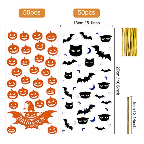 MELLIEX 100 Piezas Bolsa Regalo Halloween, Bolsas para Chuches de Celofán de Plástico Transparente 27 x17cm Bolsa de Dulces para Frutos Secos, Caramelos, Chocolate