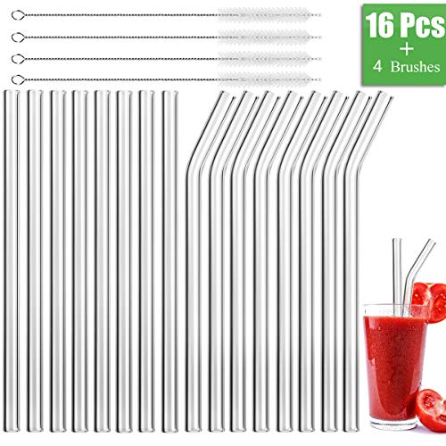 MELLIEX 16 Pcs Pajitas Reutilizables de Vidrio, Eco Pajitas para Licuado de Cóctel y Bebidas Calientes con 4 Cepillos de Limpieza