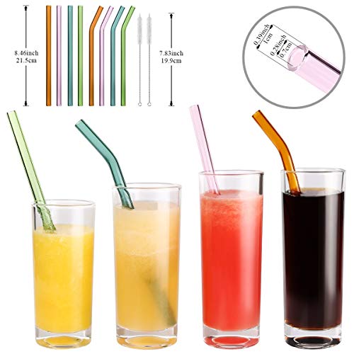 MELLIEX Pajitas de Cristal pajitas Reutilizables Biodegradable Reusable Glass Straws para Fiesta Cumpleaños Boda Festival, Set De 8 con 2 Cepillos De Limpieza(4 Colores)