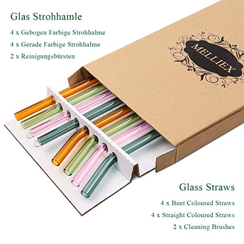 MELLIEX Pajitas de Cristal pajitas Reutilizables Biodegradable Reusable Glass Straws para Fiesta Cumpleaños Boda Festival, Set De 8 con 2 Cepillos De Limpieza(4 Colores)