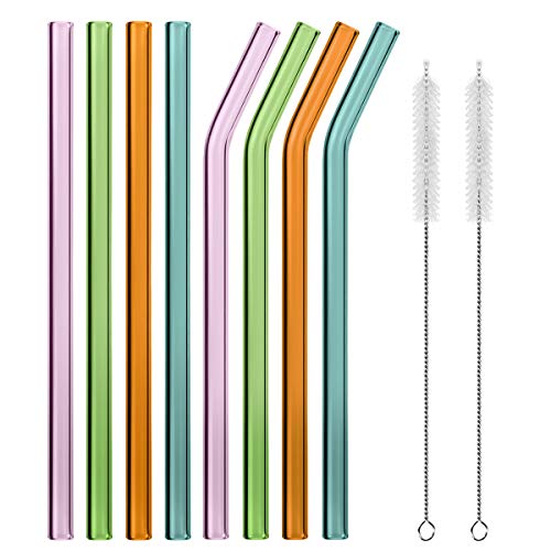 MELLIEX Pajitas de Cristal pajitas Reutilizables Biodegradable Reusable Glass Straws para Fiesta Cumpleaños Boda Festival, Set De 8 con 2 Cepillos De Limpieza(4 Colores)