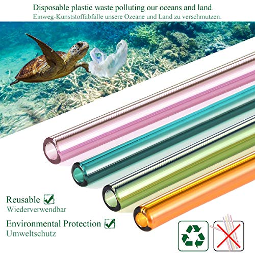 MELLIEX Pajitas de Cristal pajitas Reutilizables Biodegradable Reusable Glass Straws para Fiesta Cumpleaños Boda Festival, Set De 8 con 2 Cepillos De Limpieza(4 Colores)