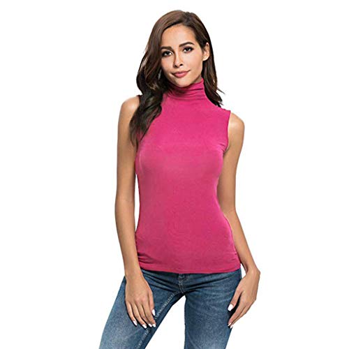 MERICAL Camisa Blusa Superior para Mujer sin Mangas sólido Slim Fit Cuello Alto Camiseta(Rojo,Large)