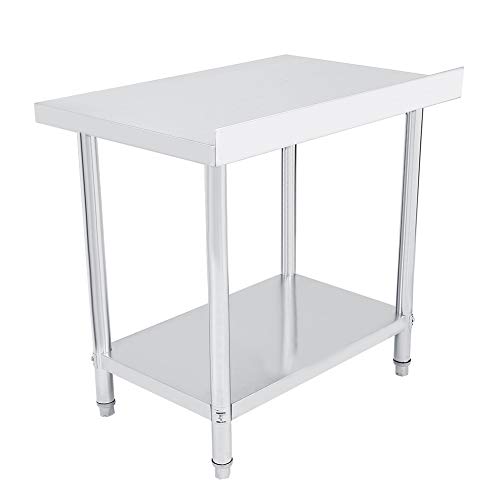 Mesa de trabajo de acero inoxidable para cocina con borde, doble capa, altura regulable, mesa de trabajo, aparador de plata para cocina y operaciones industriales 91X61CM plateado