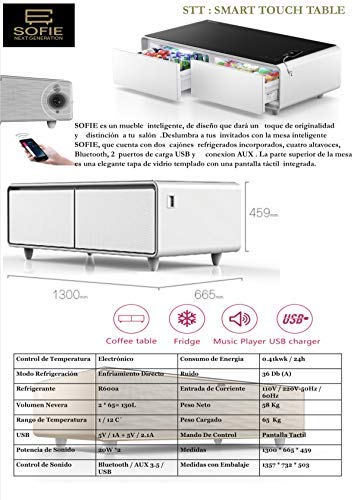 Mesa Frigorifico Inteligente Bluetooth Musica Bebidas Cargador Movil USB SOFIE NEXT GENERATION STT WHITE