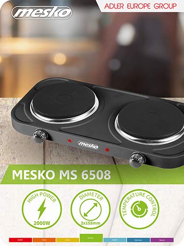 Mesko MS 6509 MS-6509 Hornillo Eléctrico Doble, Regulador de Temperatura, Compacto, 154 mm, 2000W, Negro, Acero, 15.5