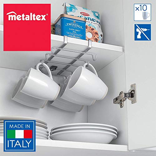 Metaltex MY-MUG Colgador de cocina para 10 tazas, color plateado + Dispensador para Botes, Blanco, Metal