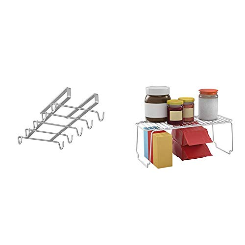 Metaltex MY-MUG Colgador de cocina para 10 tazas, color plateado + Space Line Estante apilable de cocina, 45x19x18 cm, blanco