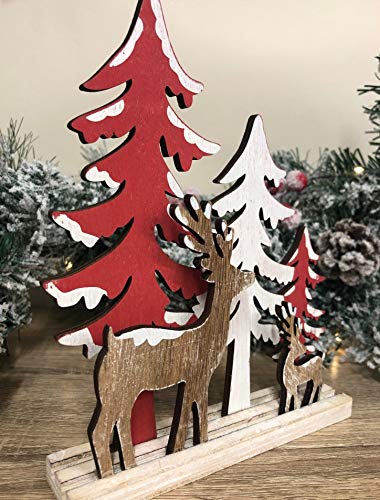 Mezzaluna Gifts Bosque Navidad Escena renos y árboles Navidad adorno de madera (rojo)