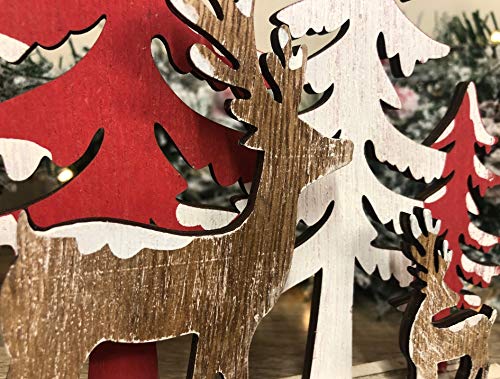 Mezzaluna Gifts Bosque Navidad Escena renos y árboles Navidad adorno de madera (rojo)
