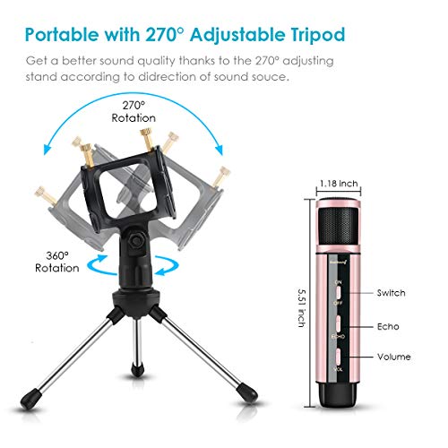 Micrófono de Condensador, ZealSound Radiodifusión Grabación Micrófono de karaoke Estudio en el hogar con soporte para PC Teléfono Podcasters/Smule Transmisión en vivo Podcasting YouTube (Oro Rosa)