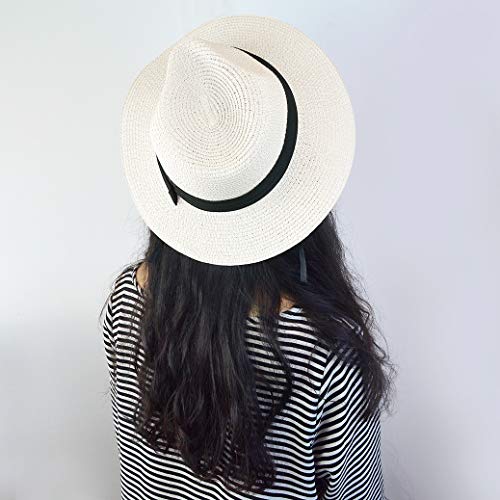 Mifengdaer - Sombrero de panamá plegable para mujer, diseño de paja con sombrero de playa de mujer, UPF 50+ con nudo para turismo, luna de miel y playa, compras, iglesia, color blanco leche.