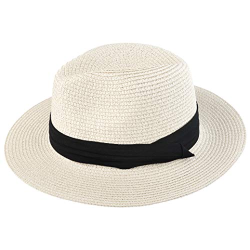 Mifengdaer - Sombrero de panamá plegable para mujer, diseño de paja con sombrero de playa de mujer, UPF 50+ con nudo para turismo, luna de miel y playa, compras, iglesia, color blanco leche.