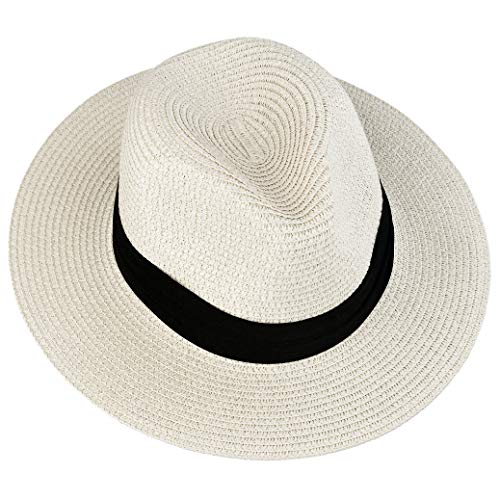 Mifengdaer - Sombrero de panamá plegable para mujer, diseño de paja con sombrero de playa de mujer, UPF 50+ con nudo para turismo, luna de miel y playa, compras, iglesia, color blanco leche.