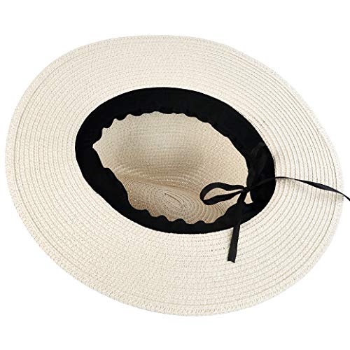 Mifengdaer - Sombrero de panamá plegable para mujer, diseño de paja con sombrero de playa de mujer, UPF 50+ con nudo para turismo, luna de miel y playa, compras, iglesia, color blanco leche.