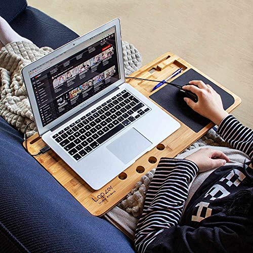 Mikamax – Lapzer Laptop Desk – Soporte ordenador portatil – Mesa para Laptop – Grande – 100% Bambú – 59 x 31 x 2 cms – Lap desks – Soporte para Tablet – Incluye Mousepad y compartimentos adicionales
