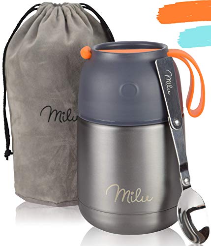 Milu Termo Para Comida 450ml & 650ml - Botella Aislada de Acero Inoxidable Aislada para Alimentos, Beber y sopa de los niños y las comidas de adultos (Gris/Naranja 450ml)