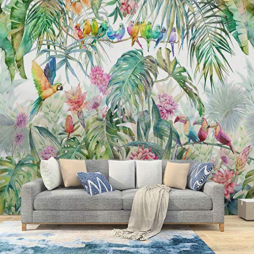 MILUSEN Planta tropical Flor Pájaro colorido Papel pintado Selva Loro Mural Sala de estar Papel tapiz Tela de pared transparente Verde