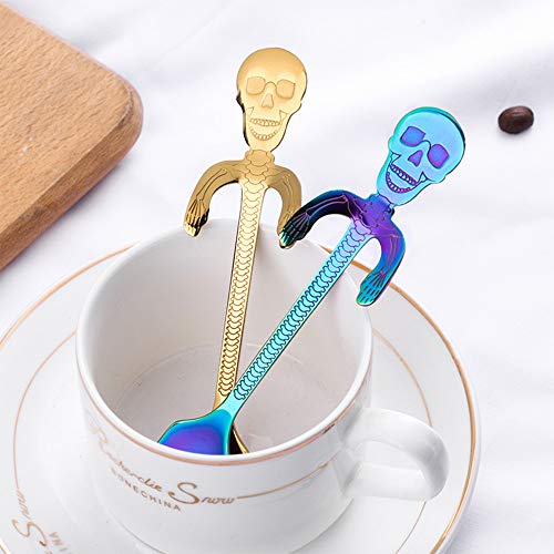 MINGZE 5 Piezas Cucharas De Acero Inoxidable para Colgar, Diseño de Calavera, Cuchara De Taza De Dibujos Animados Colgante Creativa Café Crema para Postre De Azúcar Café Leche Té Pastel