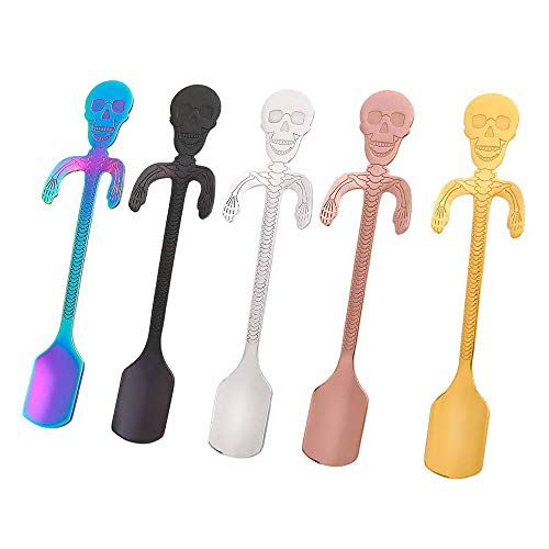 MINGZE 5 Piezas Cucharas De Acero Inoxidable para Colgar, Diseño de Calavera, Cuchara De Taza De Dibujos Animados Colgante Creativa Café Crema para Postre De Azúcar Café Leche Té Pastel