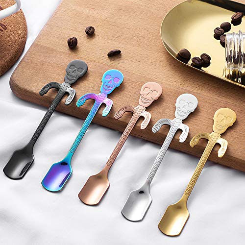 MINGZE 5 Piezas Cucharas De Acero Inoxidable para Colgar, Diseño de Calavera, Cuchara De Taza De Dibujos Animados Colgante Creativa Café Crema para Postre De Azúcar Café Leche Té Pastel