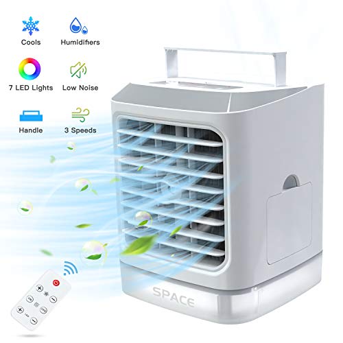 Mini Enfriador de Aire Portátil, 4 en 1 Acondicionador de Aire Móvil, Ventilador Humidificador Purificador, USB Air Cooler con Manija/3 Velocidades/7 Colores LED, para Hogar Oficina