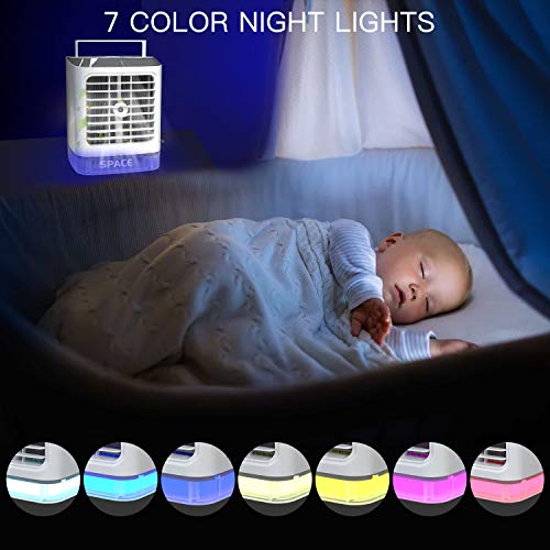 Mini Enfriador de Aire Portátil, 4 en 1 Acondicionador de Aire Móvil, Ventilador Humidificador Purificador, USB Air Cooler con Manija/3 Velocidades/7 Colores LED, para Hogar Oficina