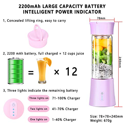 Mini Exprimidor Eléctrico Zumo Portátil, Extractor de Jugos para Frutas y Verduras, 380ml Batidora Vaso Taza, USB Recargable Botella Licuadora Pequeña para Comida Bebé Leche Smoothies Rosa