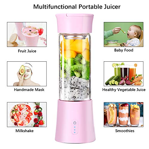 Mini Exprimidor Eléctrico Zumo Portátil, Extractor de Jugos para Frutas y Verduras, 380ml Batidora Vaso Taza, USB Recargable Botella Licuadora Pequeña para Comida Bebé Leche Smoothies Rosa